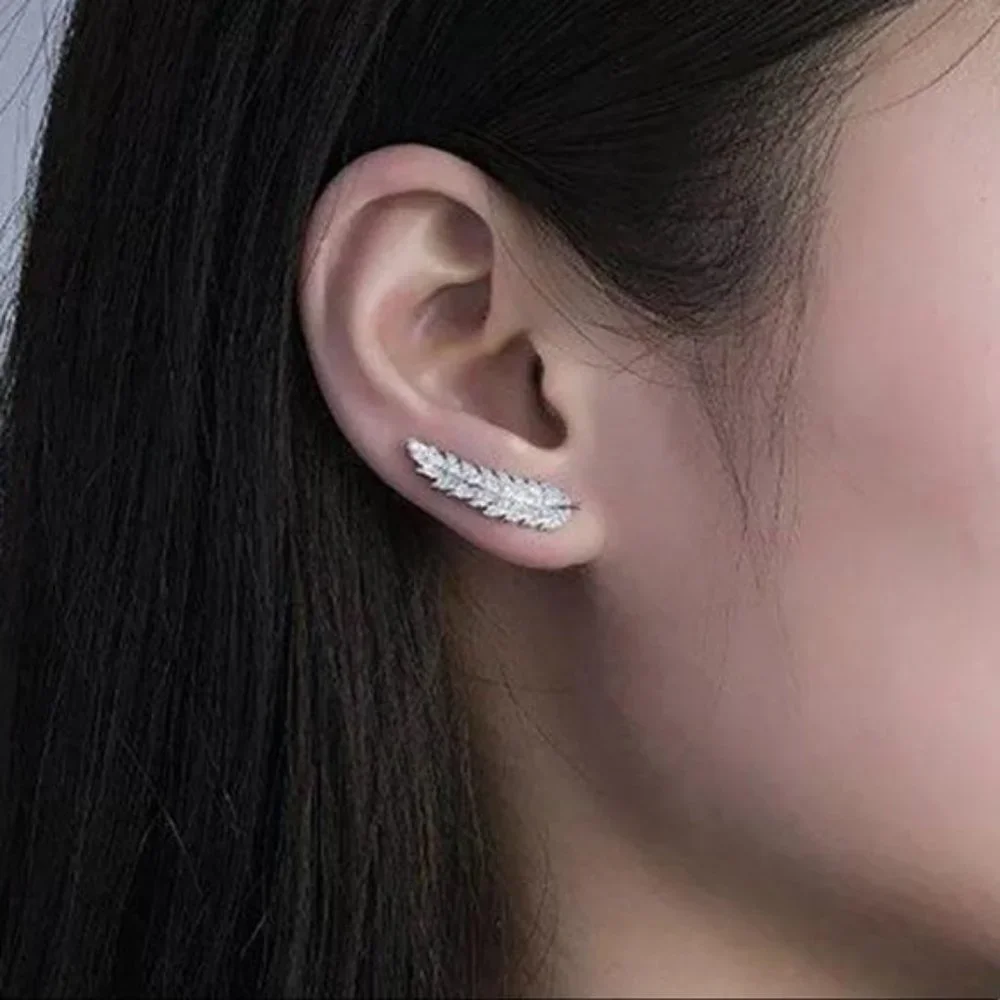 NEW DIAMOND 925 STERLING SILVER LEAF EARRINGS - Picture 2 of 5